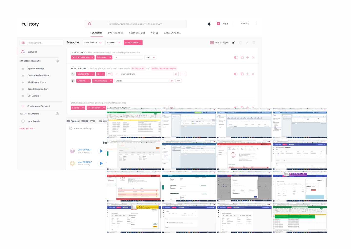 Fullstory filtering and screen-capture analysis.