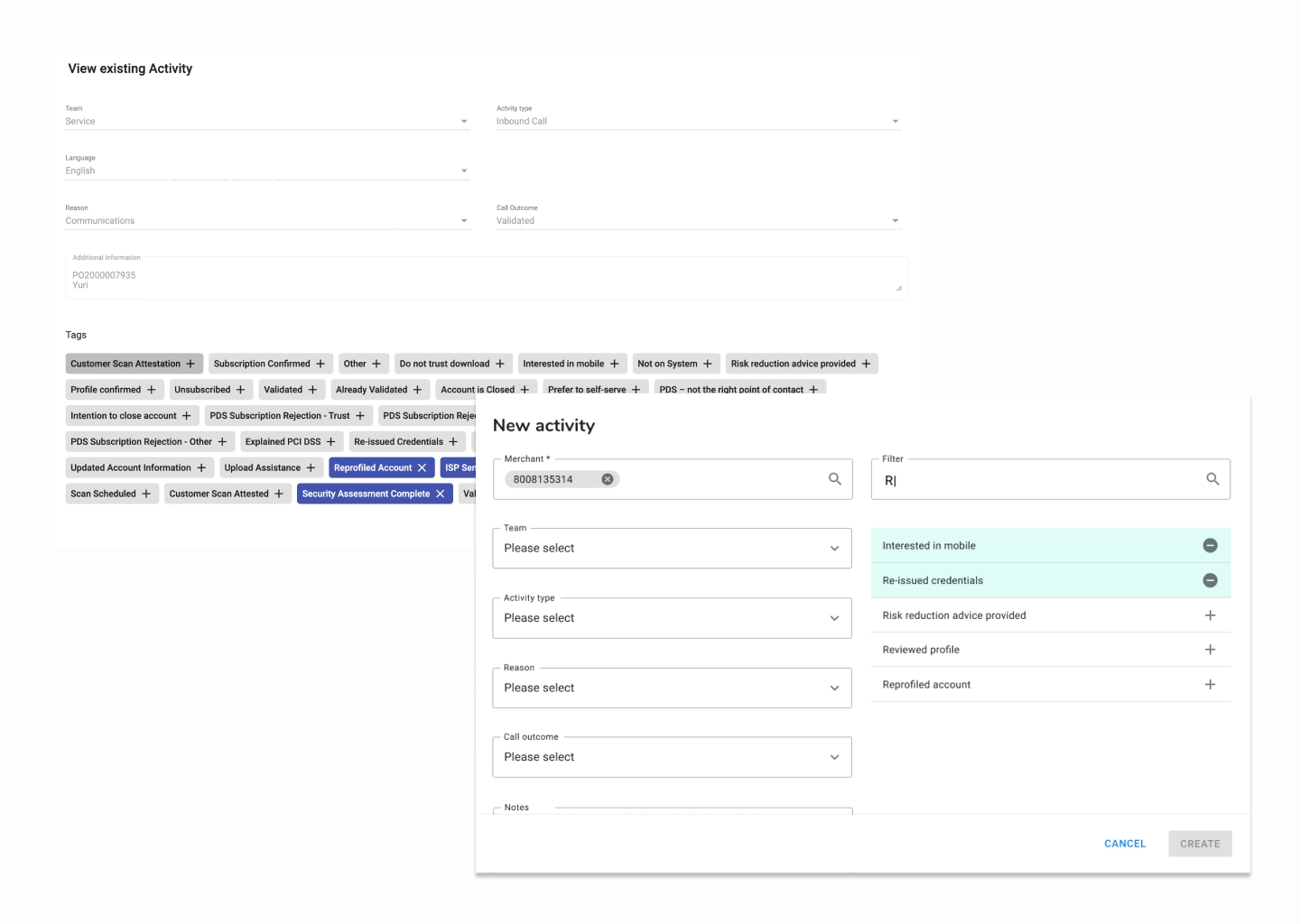 Old vs. new — create-activity and tagging UI.