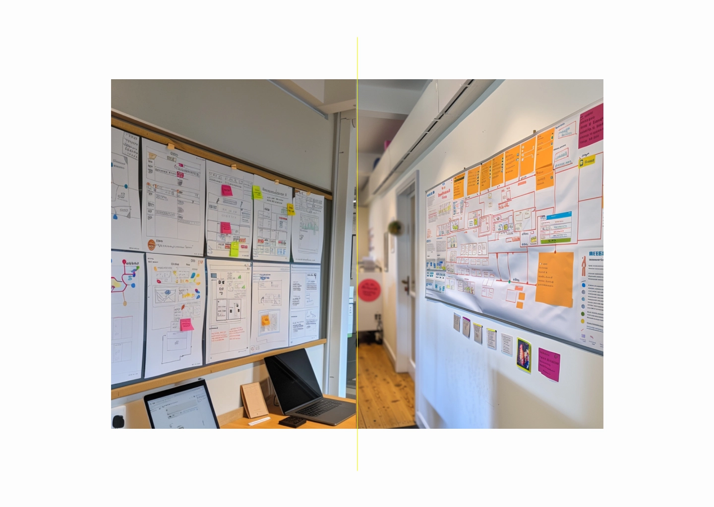 User research walls, empathy maps and workflow mapping.